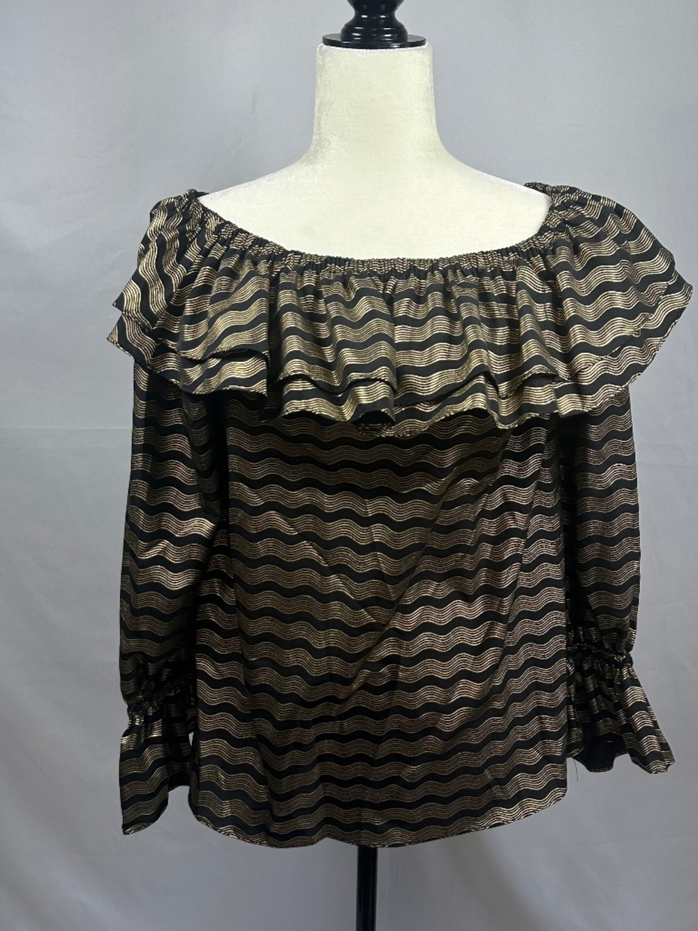 MICHAEL Michael Kors Gold and Black Top Ruffled Waist, Long Sleeve, Size Small